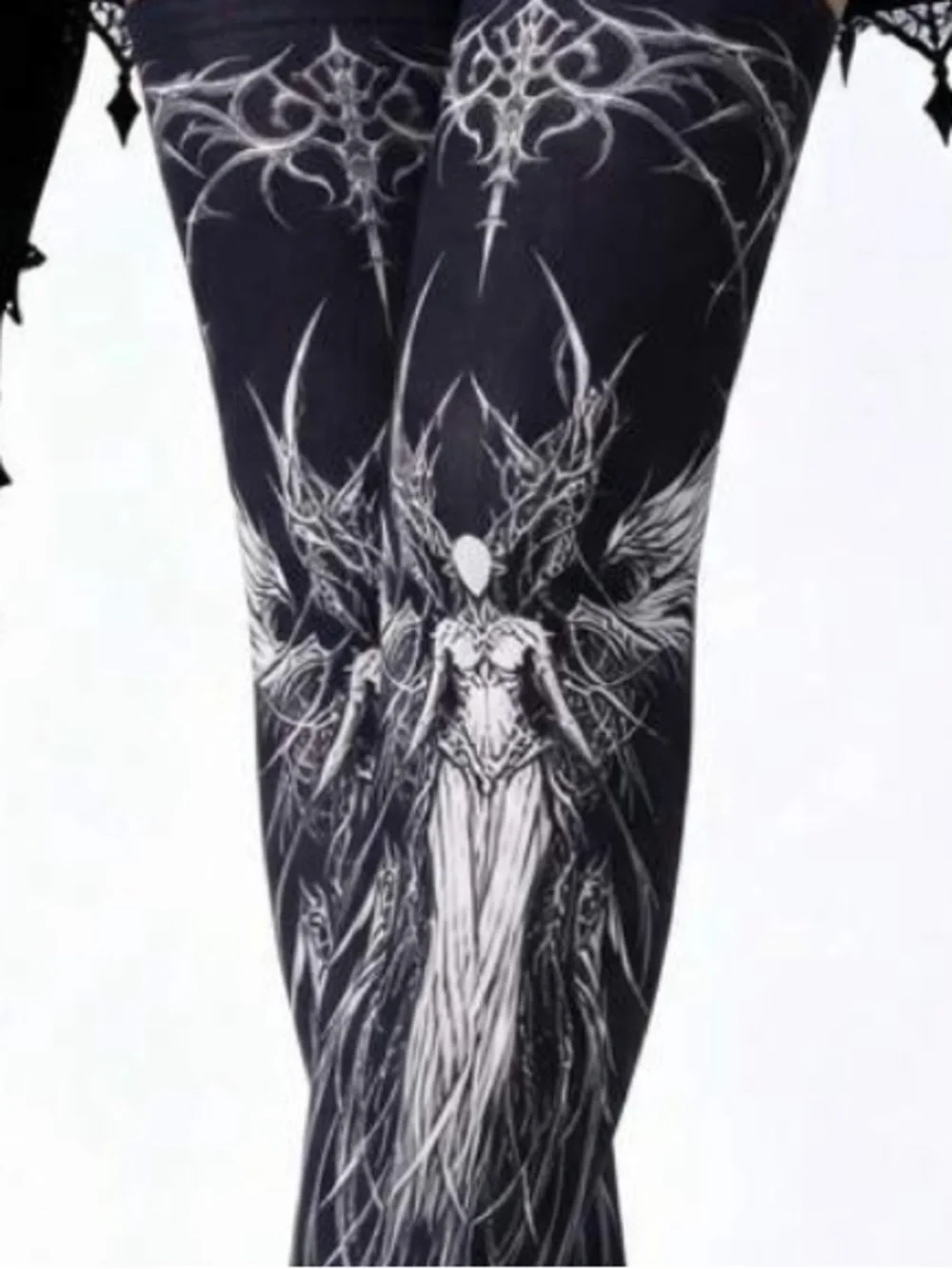 Gothic Angel Graphic Over-the-Knee Tights - Black/White